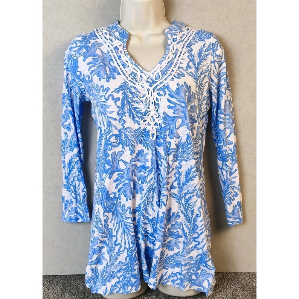 Lilly Pulitzer Coral Print‎ Tunic Top Blue White Split Neck Beach XS